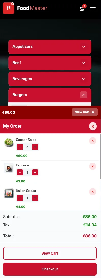 The order cart on a phone with quantities, subtotal, tax and a checkout button