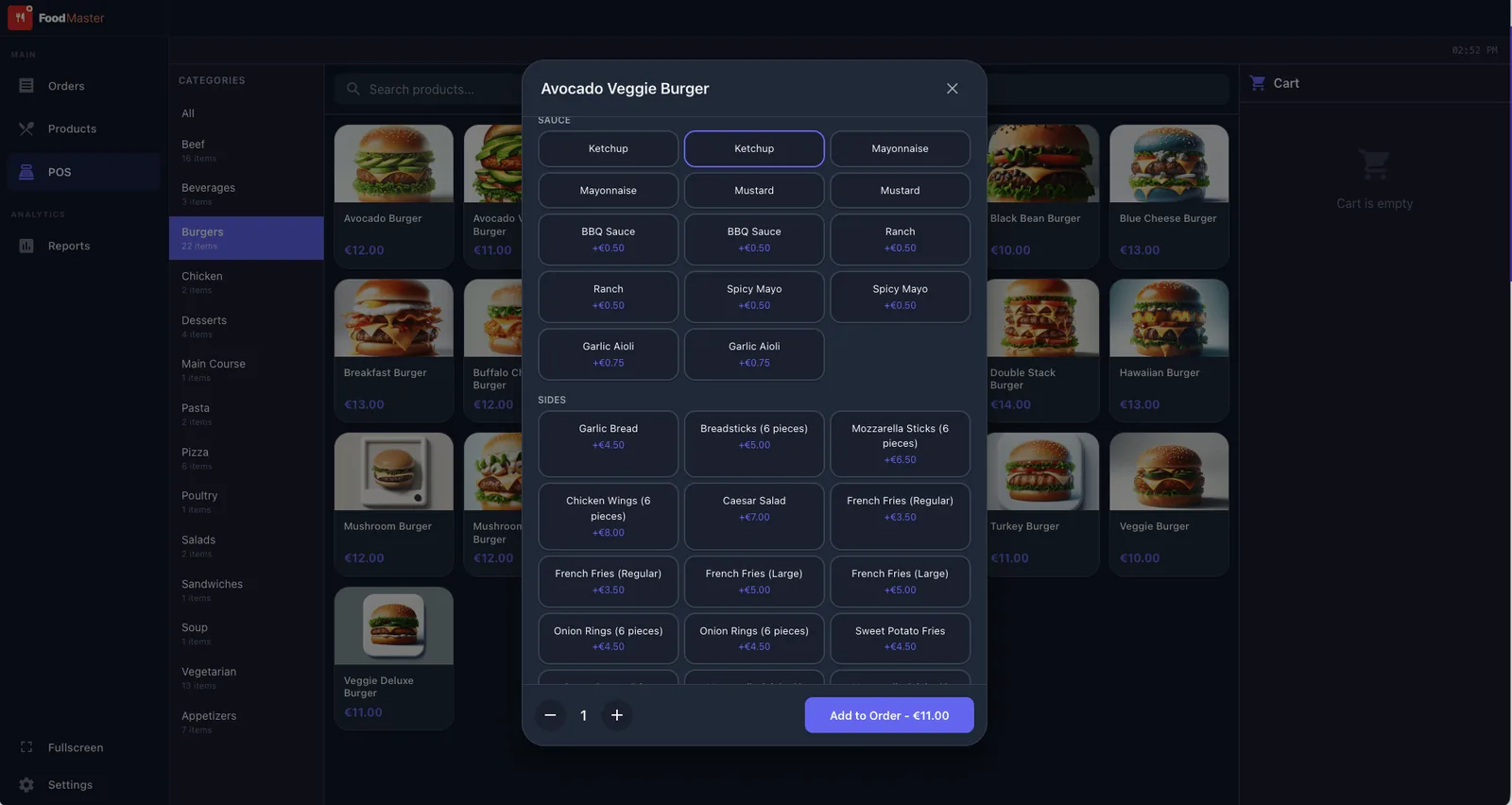 FoodMaster POS with menu categories and an item's sauce and side options open