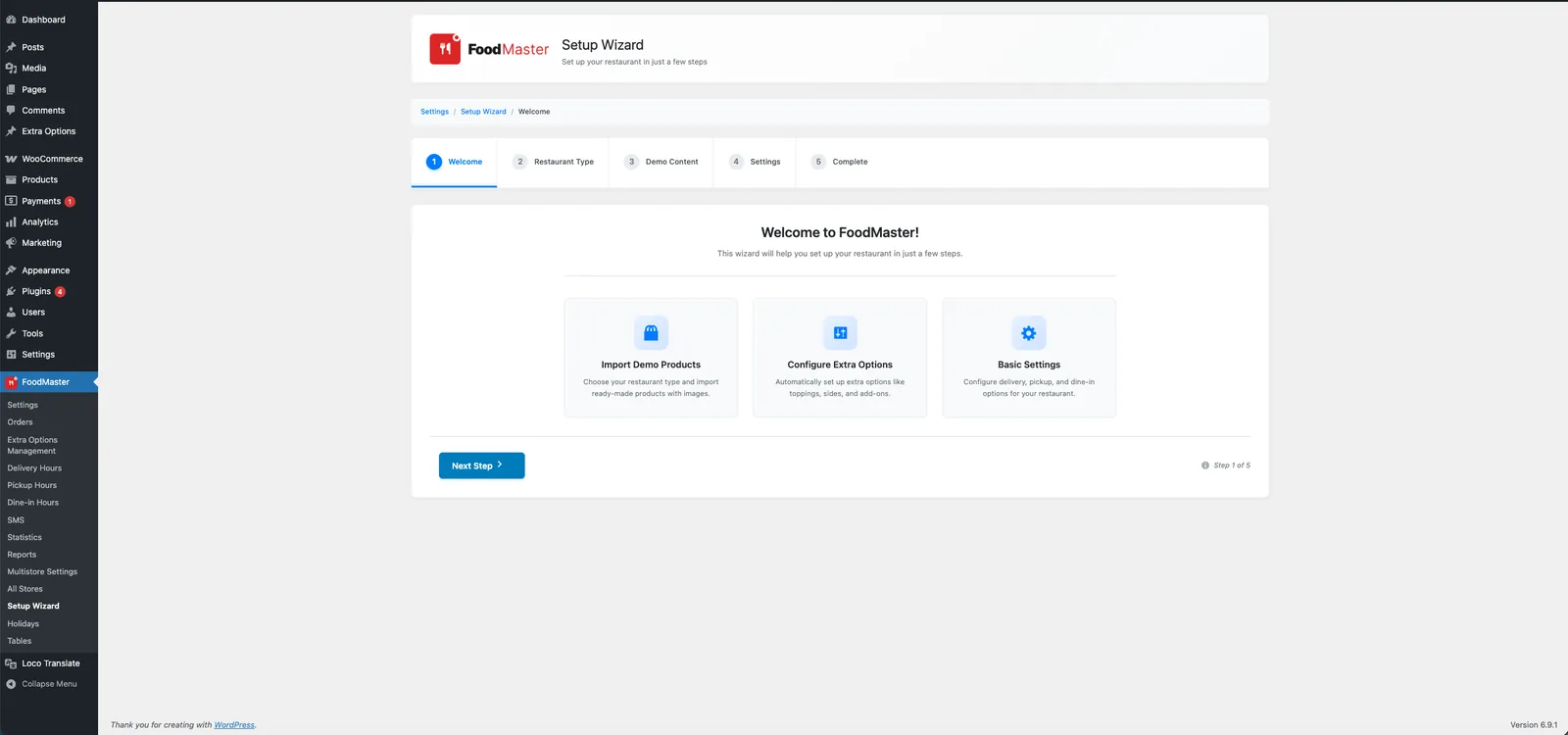 The FoodMaster setup wizard welcome screen in WordPress