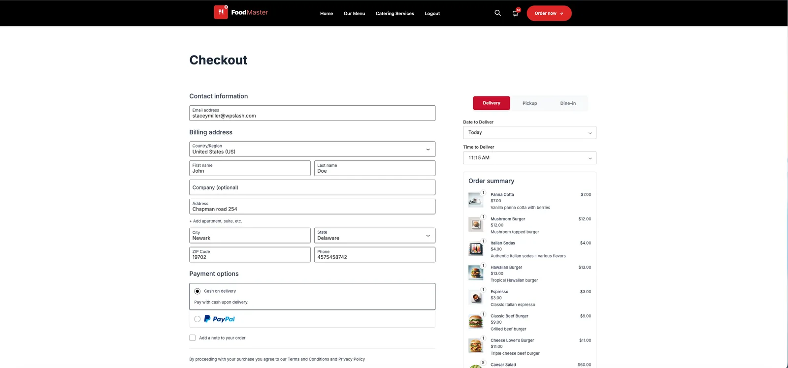 FoodMaster checkout with delivery, pickup and dine-in, a delivery date and time, and payment options
