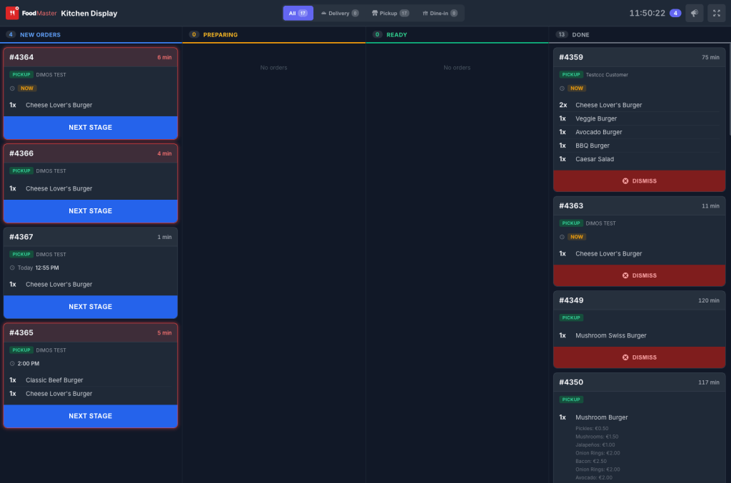 kitchen display system showing incoming orders in real time