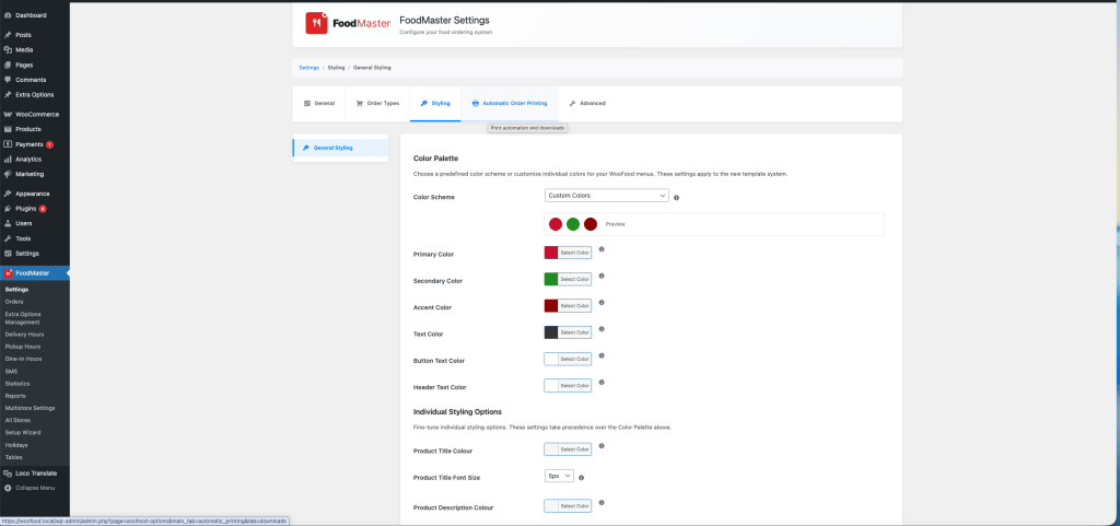 Restaurant Ordering Plugin - WordPress - FoodMaster - Styling Options Screenshot
