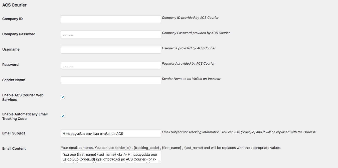 courier voucher settings woocommerce screenshot acs