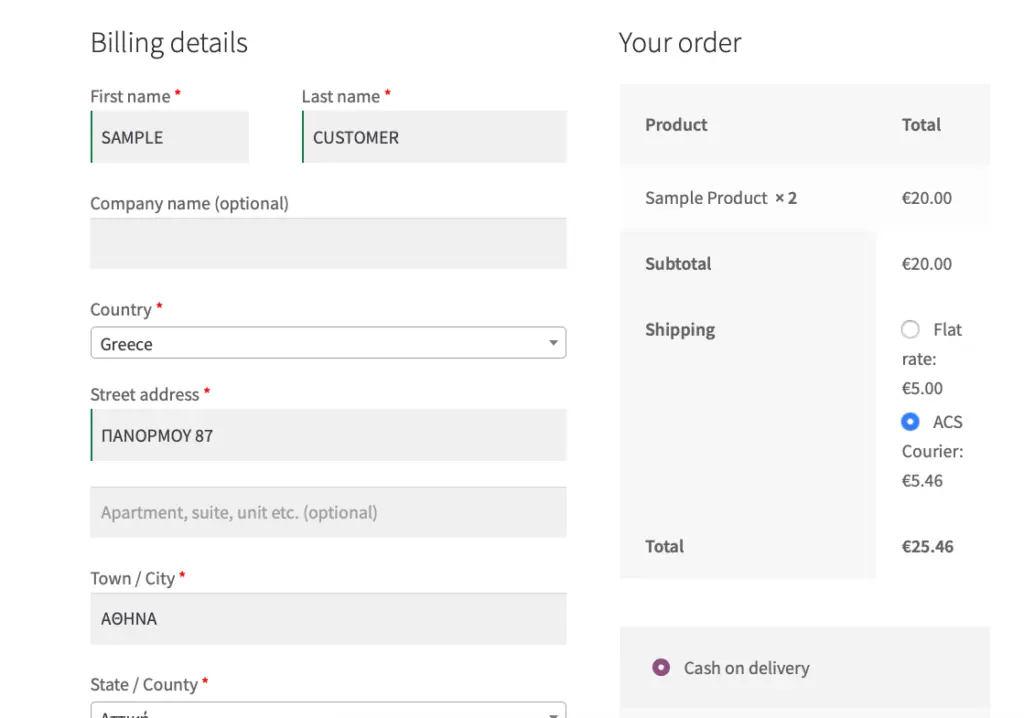 WooCommerce checkout showing an ACS Courier shipping rate