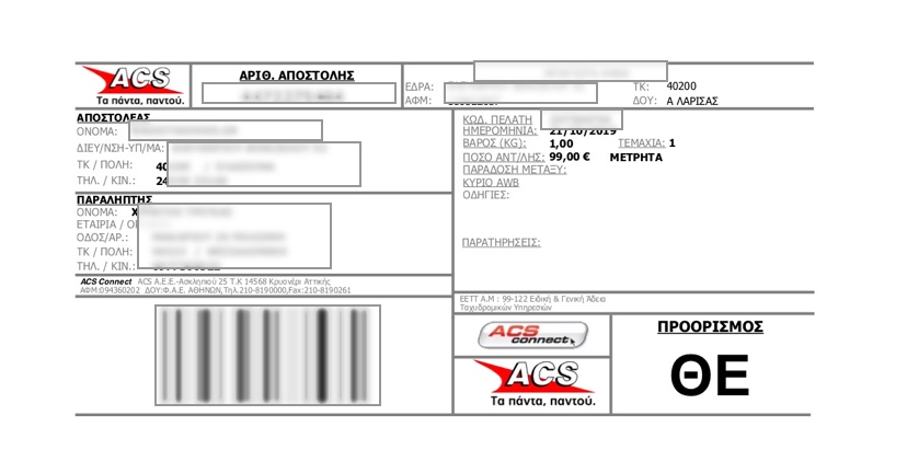 Sample ACS Courier shipping voucher generated from WooCommerce