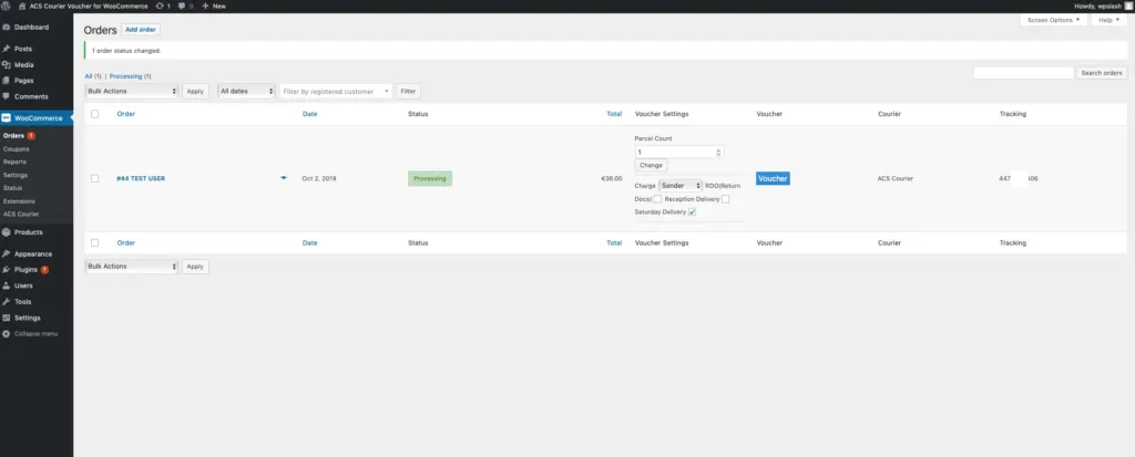 ACS Courier voucher create, print, cancel, and trace actions on a WooCommerce order