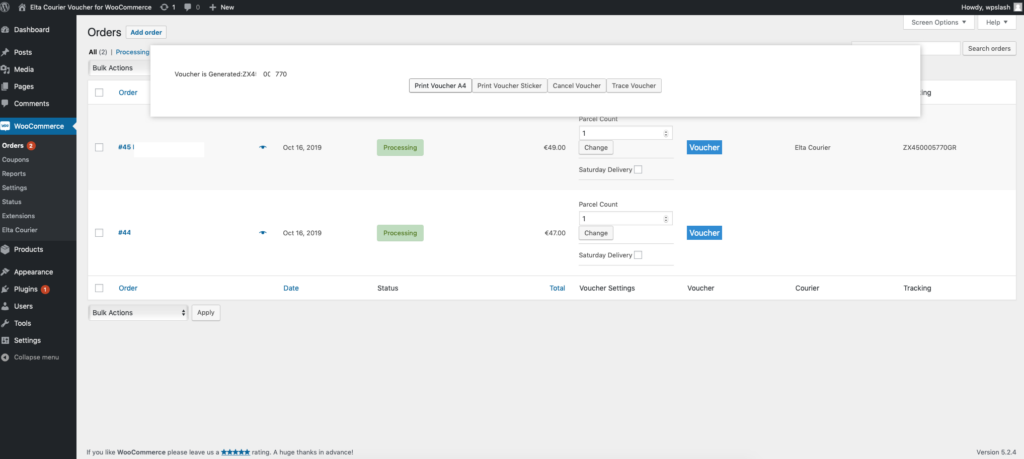 Elta Courier voucher actions on a WooCommerce order