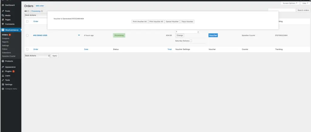Speedex Courier voucher actions in WooCommerce