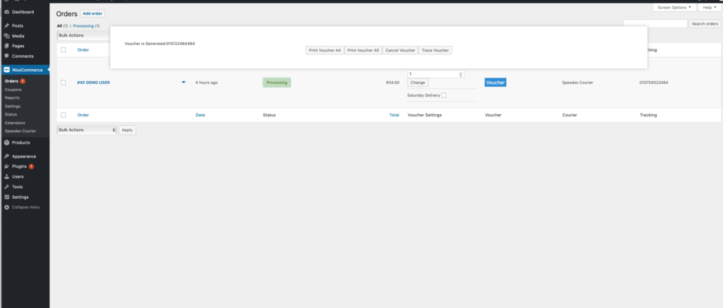 Speedex Courier voucher actions in WooCommerce