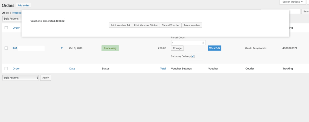 Geniki Taxydromiki voucher actions in WooCommerce