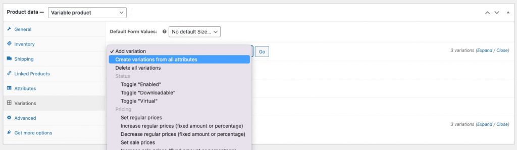 Creating Variations for a food menu item on WooCommerce