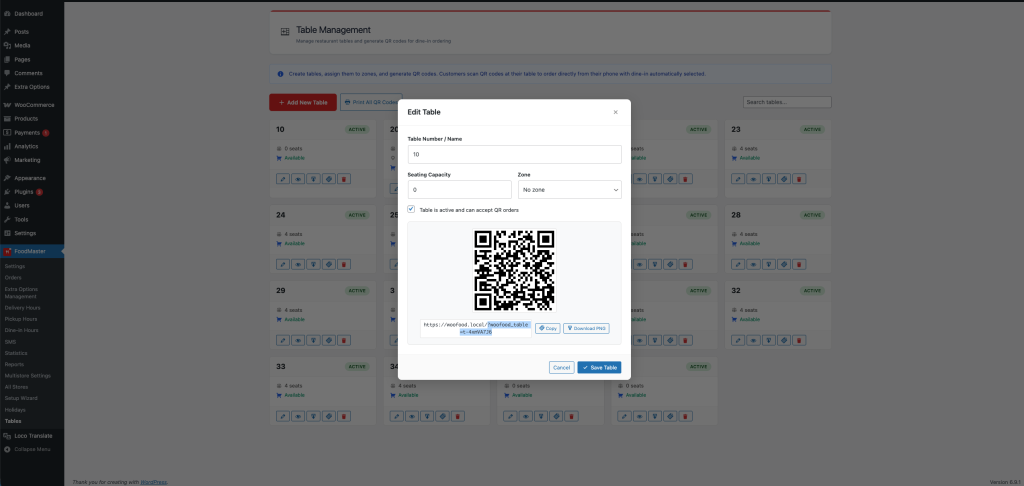 QR Table Ordering Link Creation Screenshot - FoodMaster