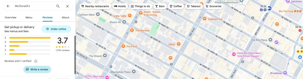 Google Maps restaurant profile showing the Write a Review button