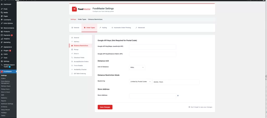 FoodMaster delivery cities restriction settings in WordPress admin