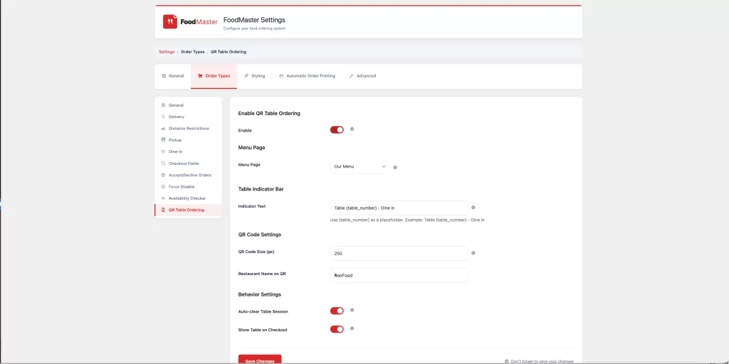 Enabling QR Table Ordering in FoodMaster settings panel