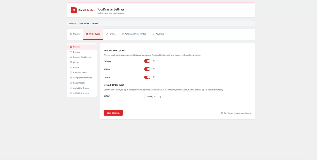 FoodMaster order types settings showing delivery pickup and dine-in options in WordPress