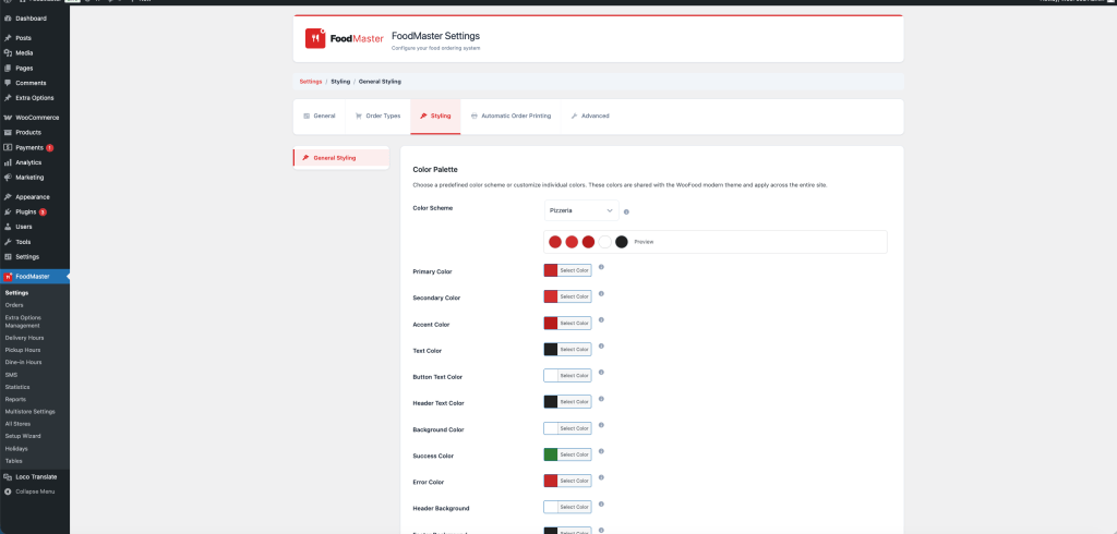 Restaurant Ordering Plugin Styling -Color Options