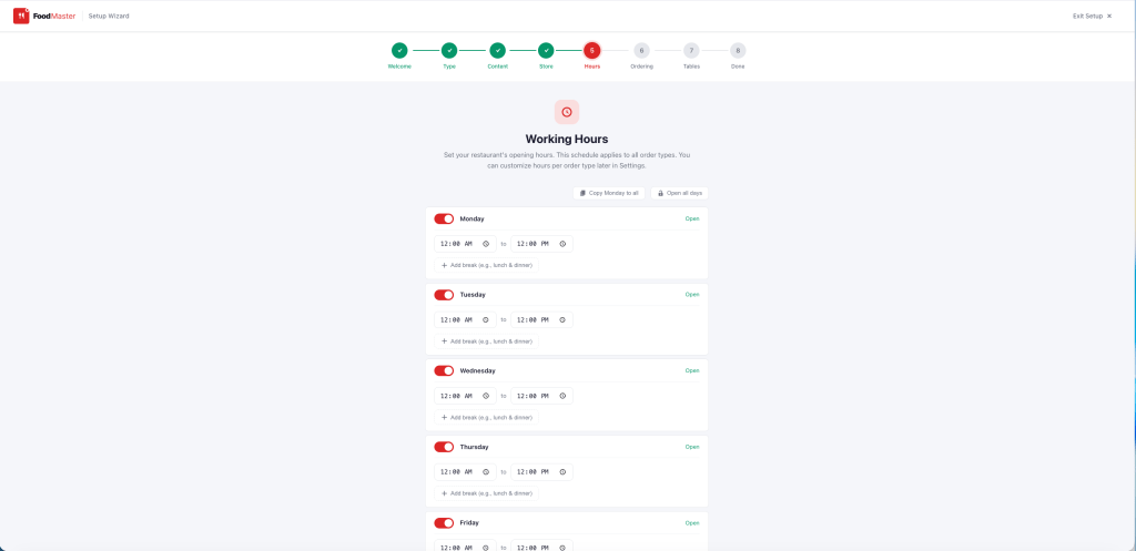 Restaurant Ordering Plugin - WordPress - FoodMaster - Delivery Hours Screenshot