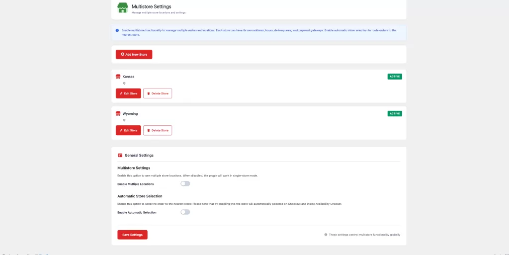 FoodMaster multistore settings enabling multiple restaurant locations in WordPress