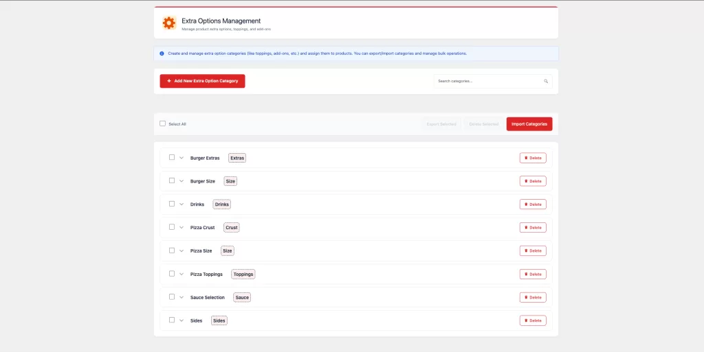 FoodMaster extra option groups showing radio checkbox and quantity types for food add-ons