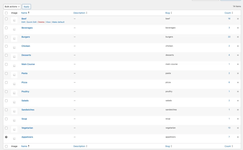 WooCommerce product categories organised for a restaurant food menu