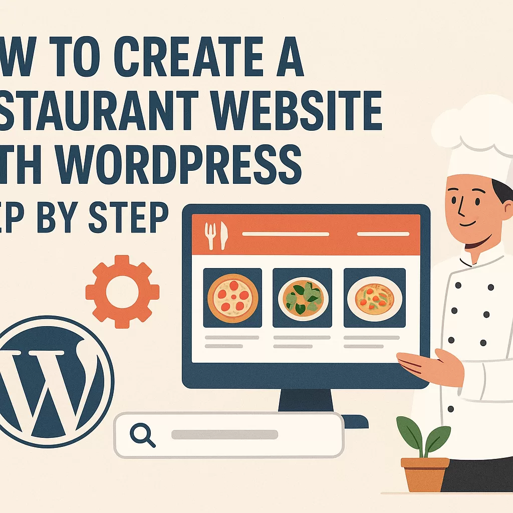 Step-by-step guide showing how to create a restaurant website with WordPress, featuring a laptop displaying a restaurant site