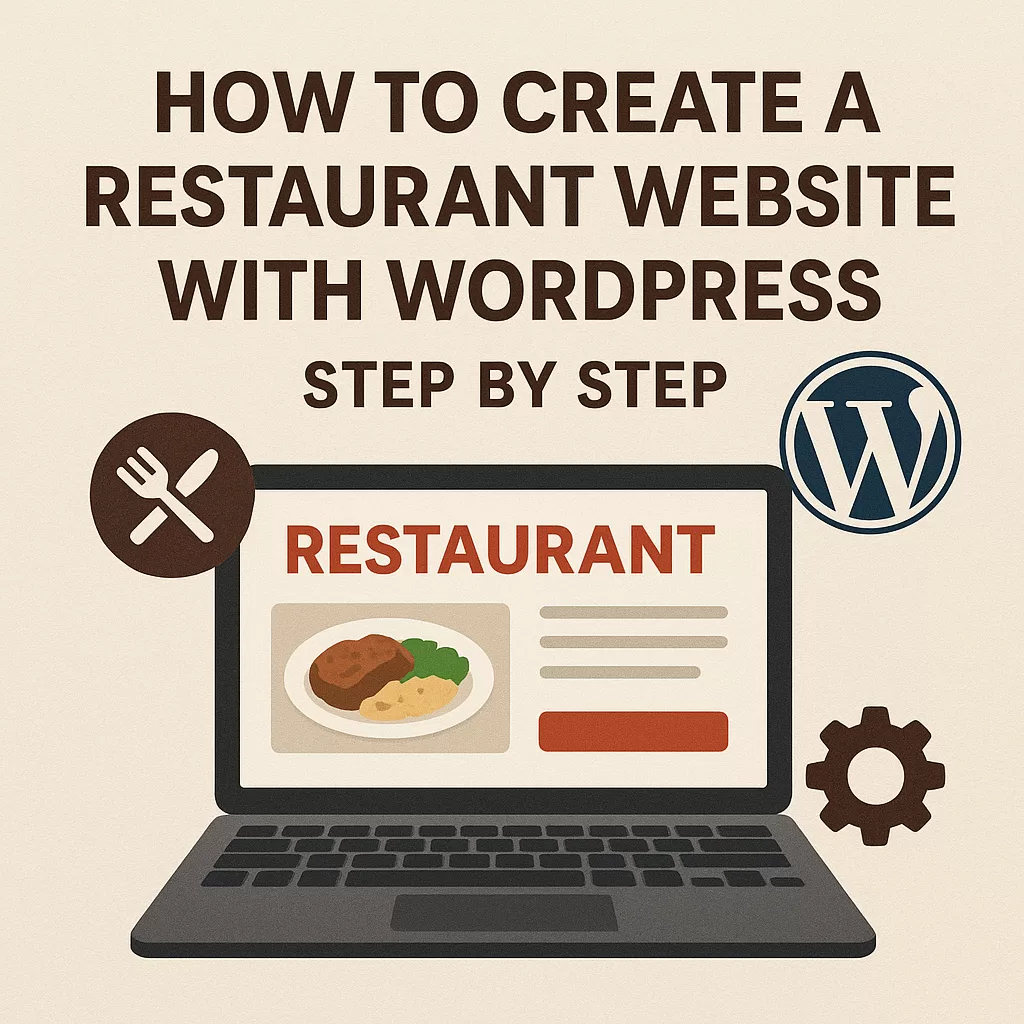 Step-by-step guide showing how to create a restaurant website with WordPress, featuring a laptop displaying a restaurant home