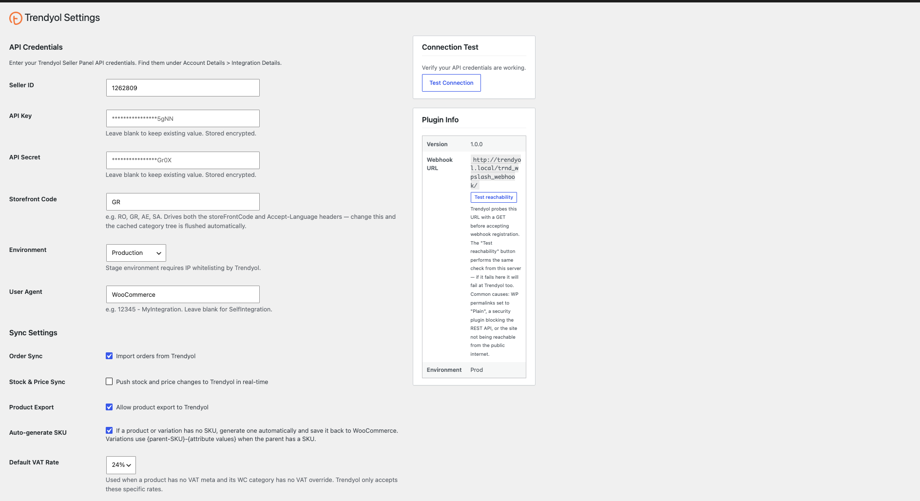 Ρυθμίσεις API του Trendyol για WooCommerce με Seller ID, API Key και Storefront Code