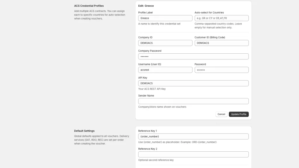 ACS Courier Voucher App with Multiple Credentials for Shopify 