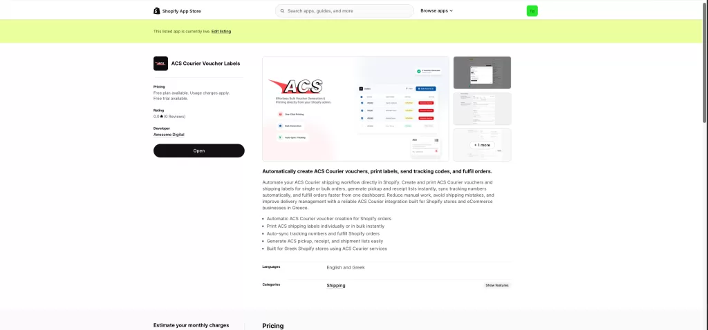ACS Courier Voucher App for Shopify