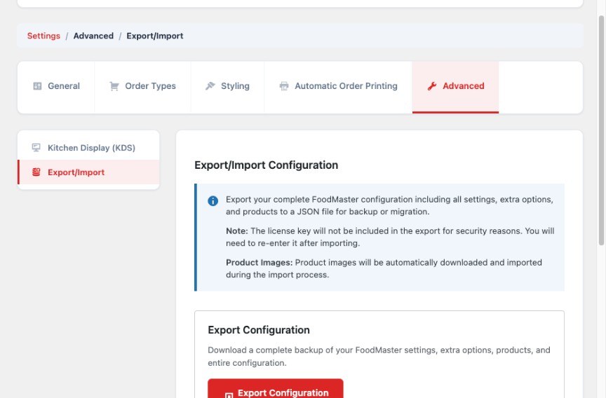 FoodMaster Export/Import configuration screen
