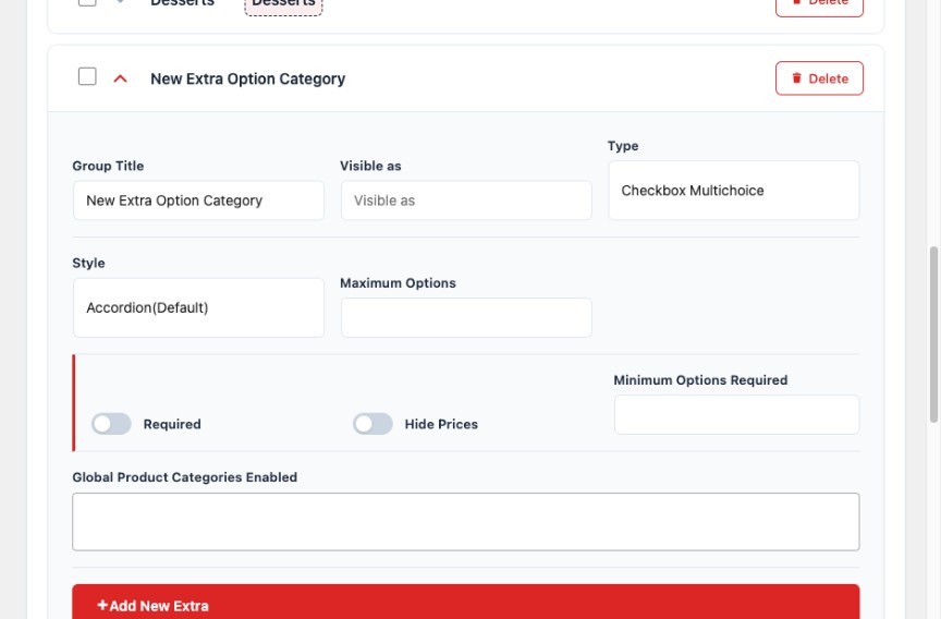 Creating a FoodMaster extra option category with checkbox multichoice