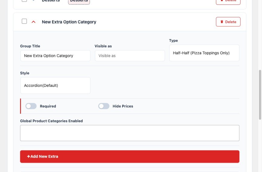 FoodMaster extra option category set to half-half pizza toppings