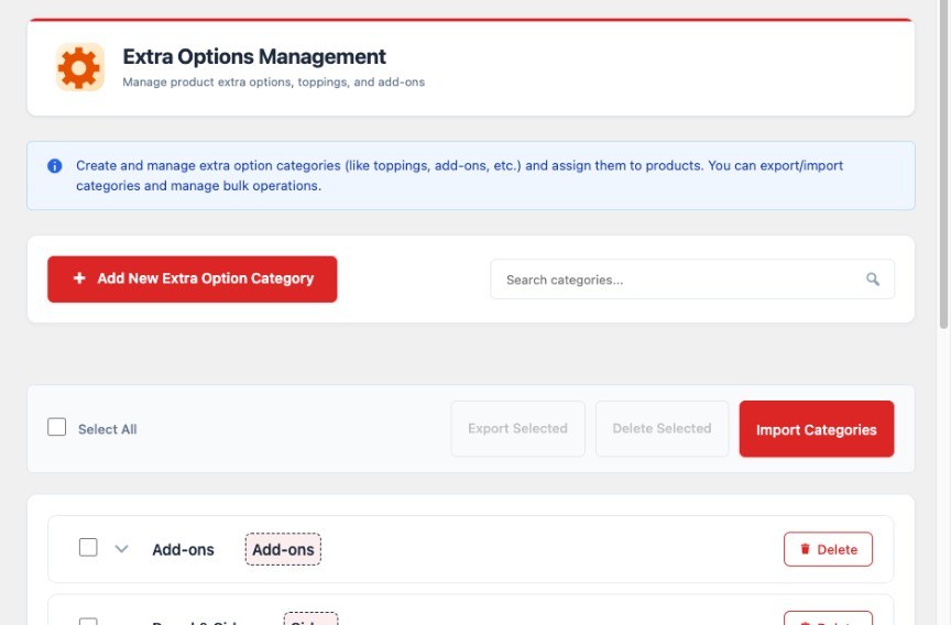 FoodMaster Extra Options Management screen