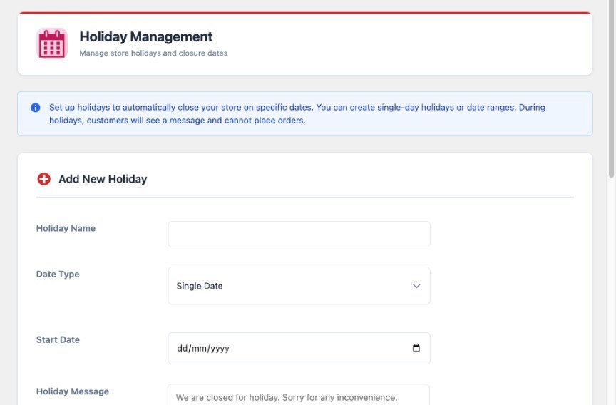 FoodMaster Holiday Management add new holiday form