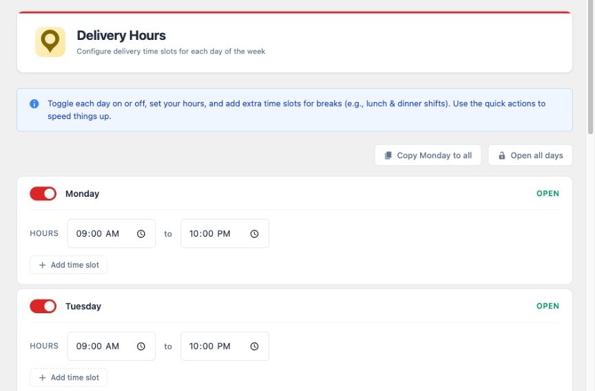 FoodMaster delivery hours with Monday and Tuesday time slots