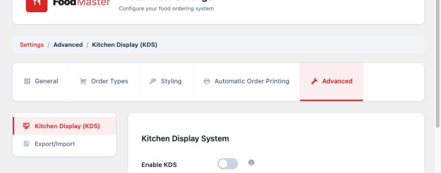 FoodMaster Kitchen Display System settings under Advanced