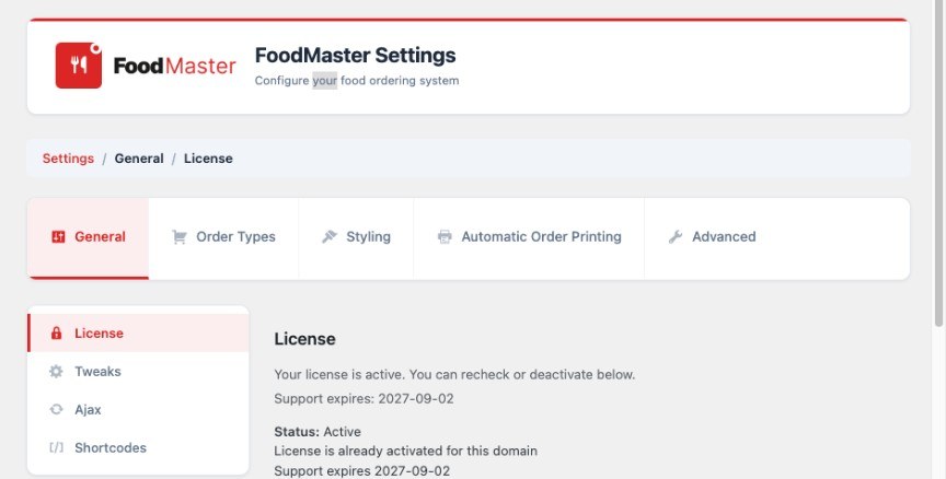 FoodMaster license settings with active status