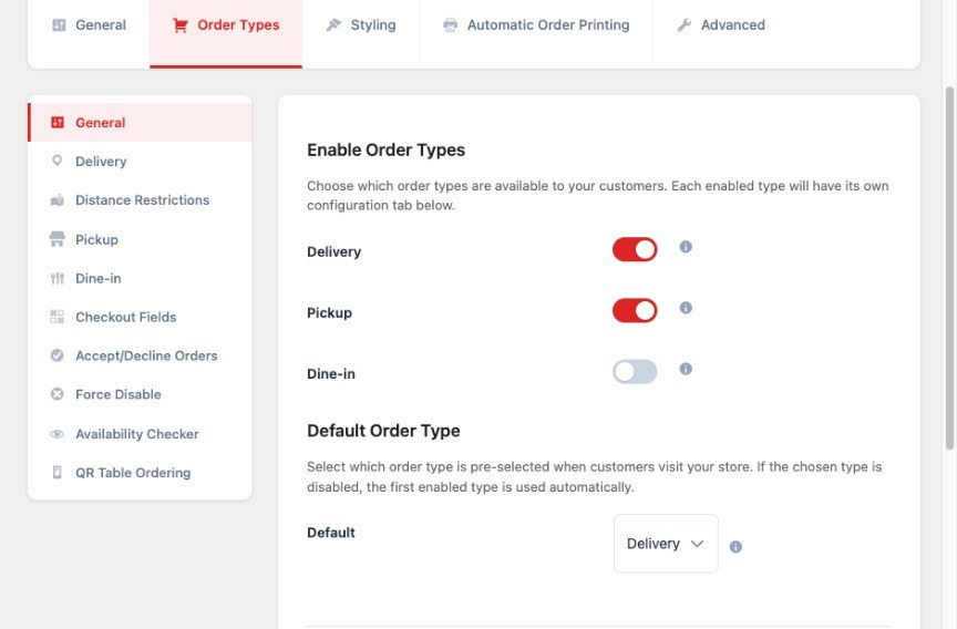 FoodMaster order types settings for delivery, pickup, and dine-in