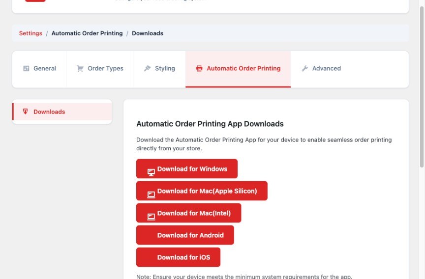 FoodMaster automatic order printing app download buttons