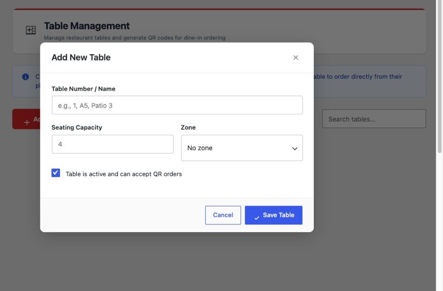 FoodMaster Add New Table dialog