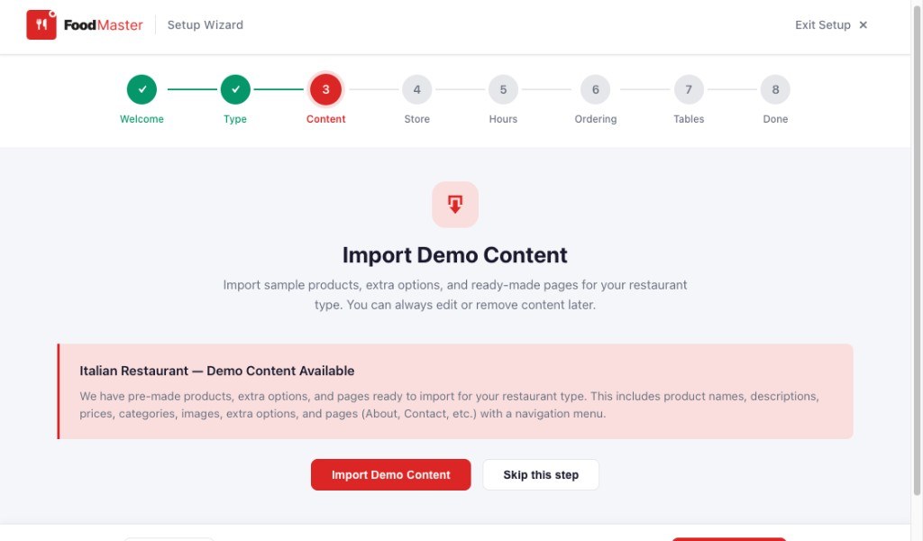 FoodMaster Setup Wizard import demo content