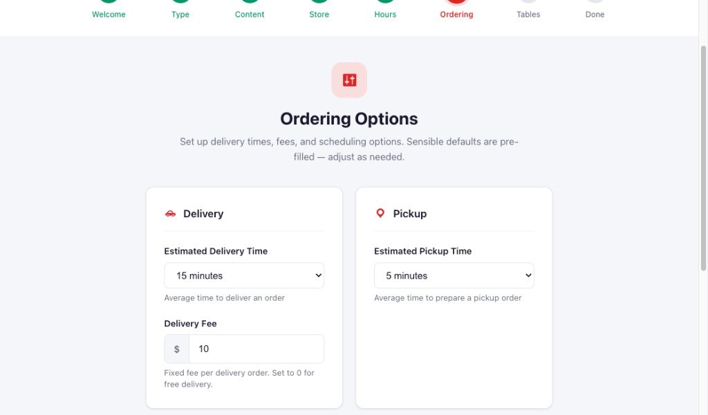 FoodMaster Setup Wizard ordering options for delivery and pickup