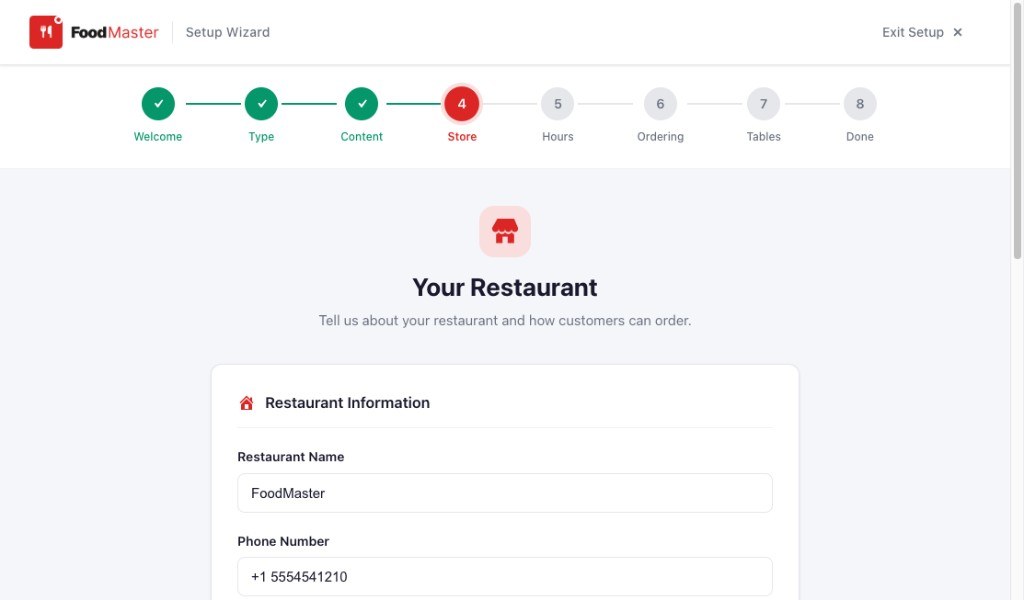 FoodMaster Setup Wizard restaurant information