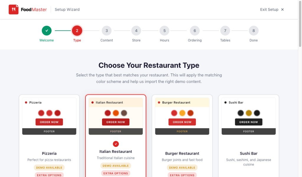 FoodMaster Setup Wizard restaurant type selection
