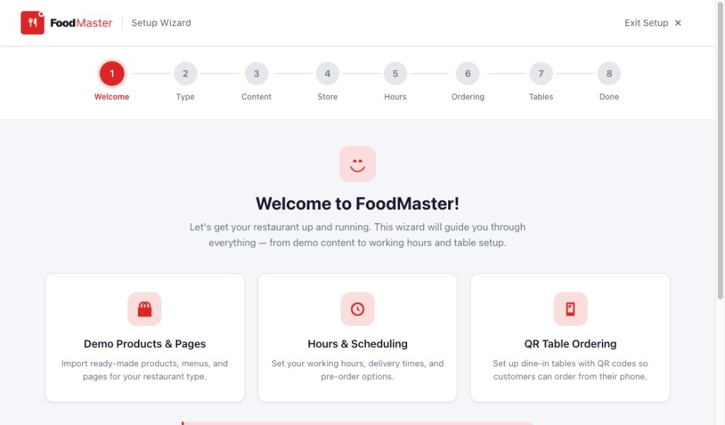 FoodMaster Setup Wizard welcome step