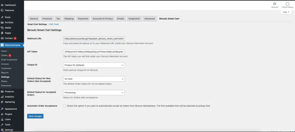 Skroutz Marketplace webhook URL and API token settings in WooCommerce