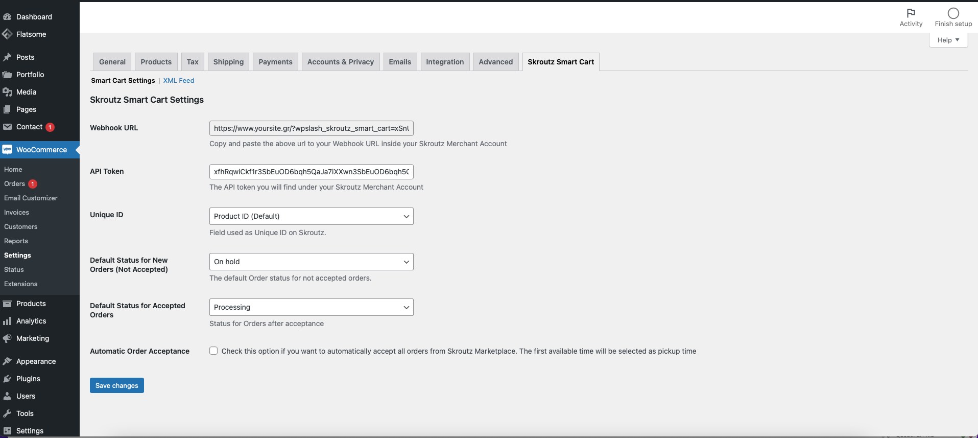 Skroutz Marketplace webhook URL and API token settings in WooCommerce