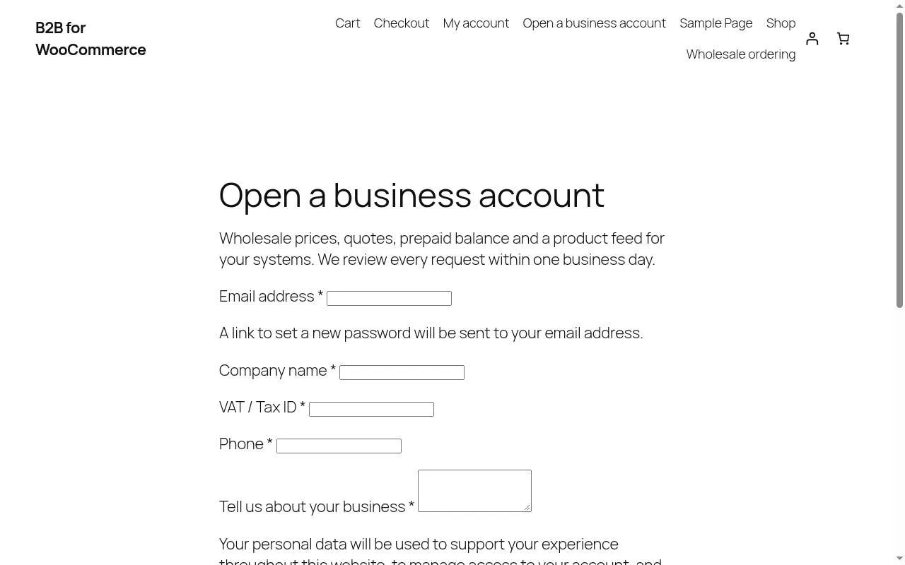 B2B for WooCommerce: the business registration form block with company, VAT, phone and message fields