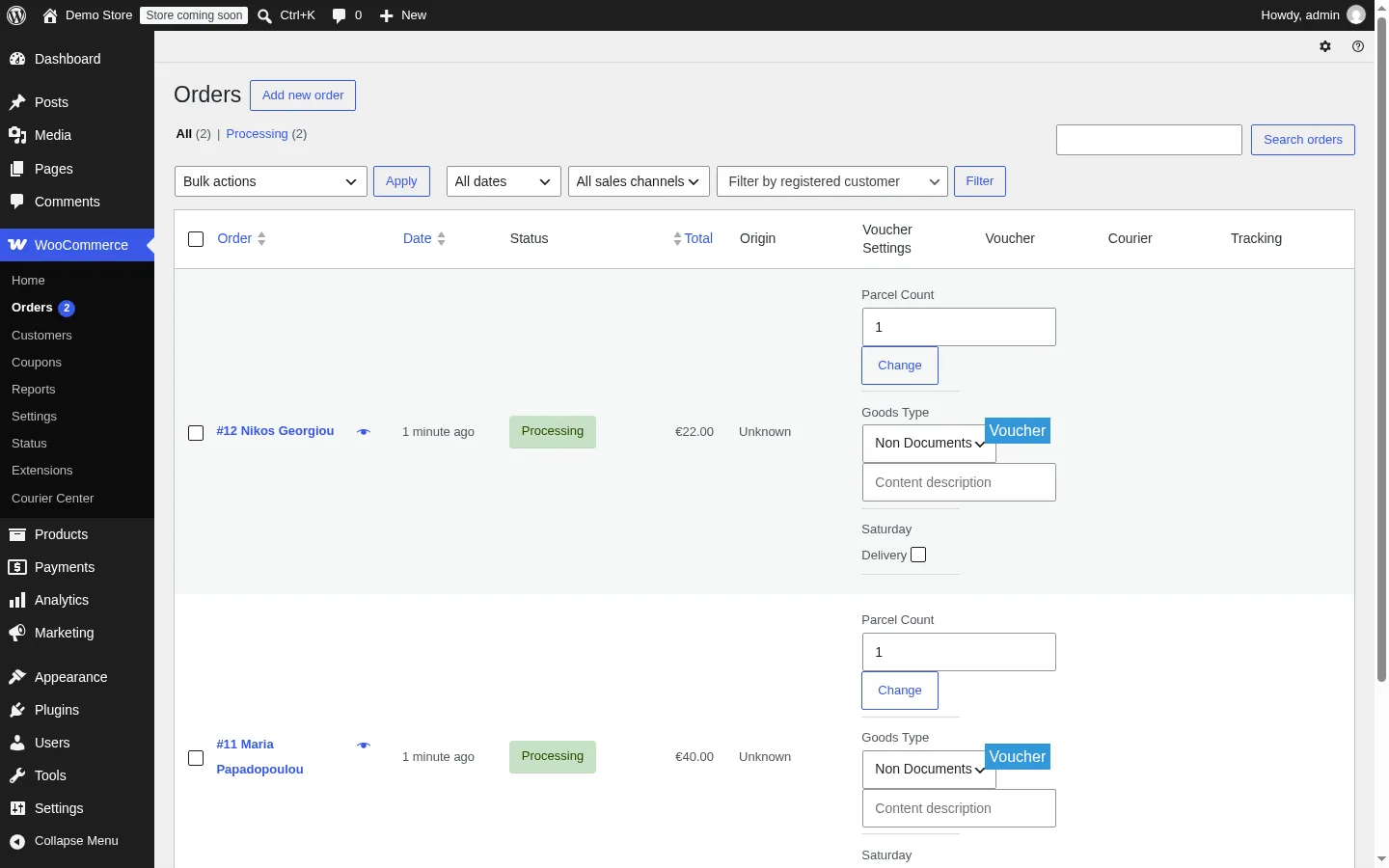 Courier Center for WooCommerce: WooCommerce orders list with the Voucher Settings and Voucher columns